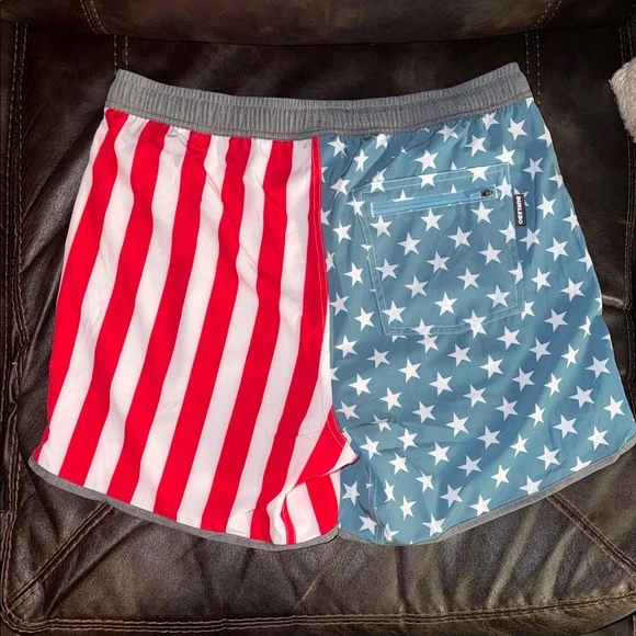 BURLEBO Men's Americana Star & Stripe Swim Trunks - Red, White & Blue - Picture 2 of 3